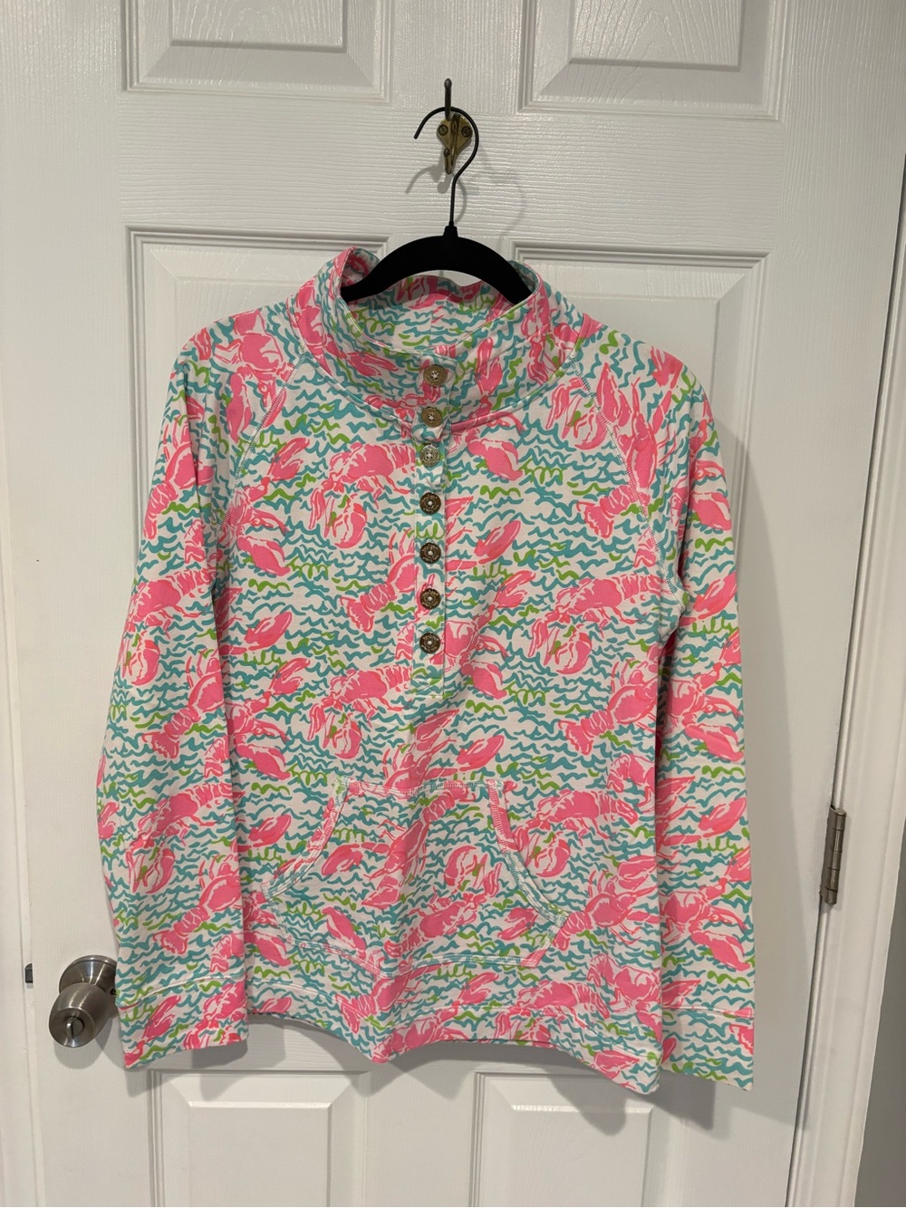 Lilly Pulitzer Pink and Turquoise Lobster Print Pullover